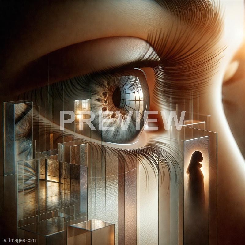 The image features a highly detailed and surreal close-up of a human eye, with the iris and eyelashes prominently visible. In the reflection within the eye, there are large windows and a bright sky, suggesting an indoor space with natural light. Surrounding the eye are transparent, glass-like rectangular structures, some containing silhouettes of a woman, creating a blend of human anatomy and abstract, architectural elements.